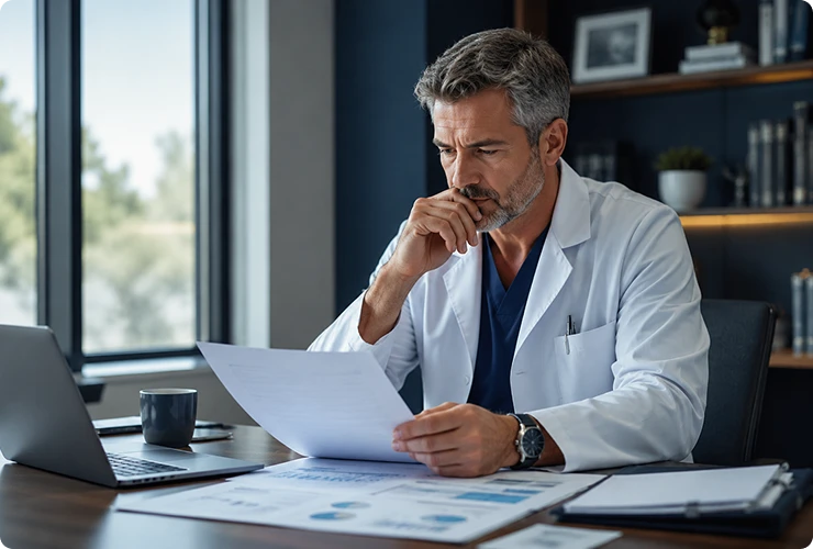 Physician reviewing practice financial documents