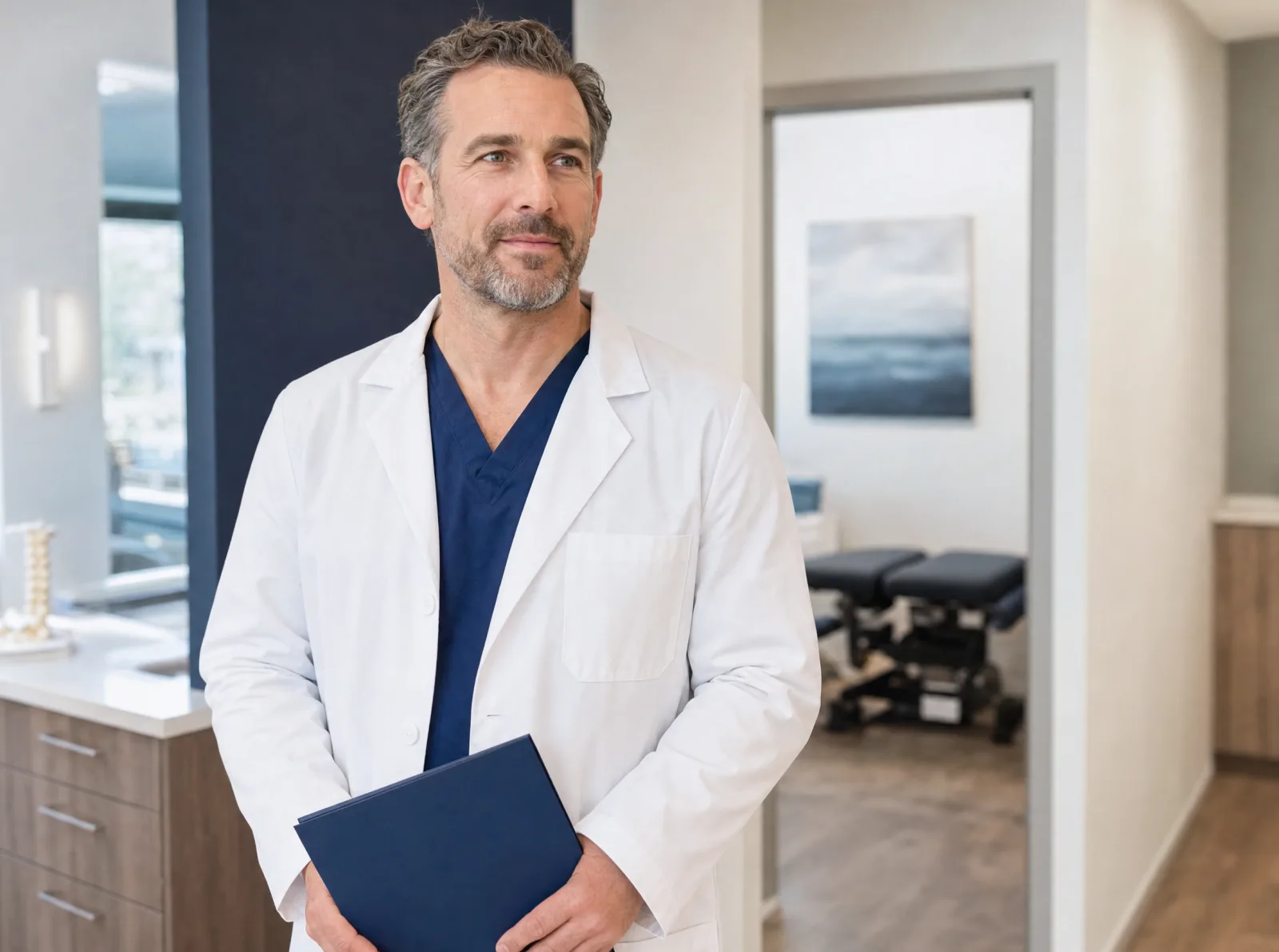 Physician owner reviewing practice documents